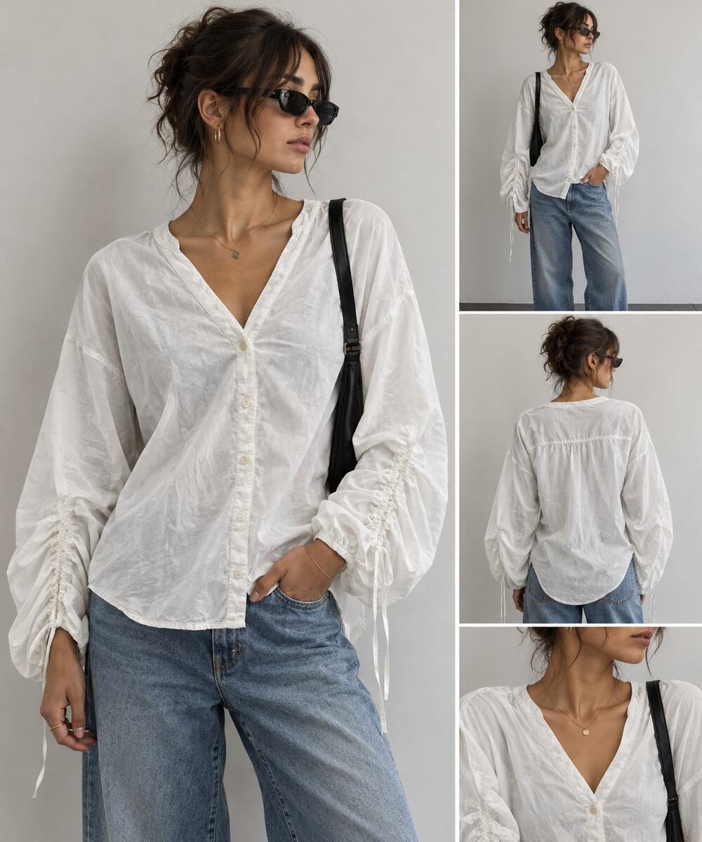 Pilcro White Poplin Balloon Sleeve Blouse Ruched Drawstring Boho Top Large